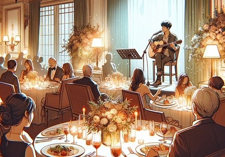 intimate dinner concert with man playing acoustic guitar and singing