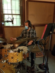Kevin at drumset recording What Are the Odds album