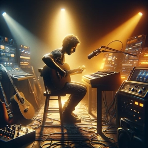 man making music on guitar with other digital equipment