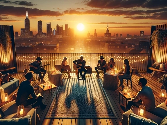 guitarist performing on rooftop at sunset