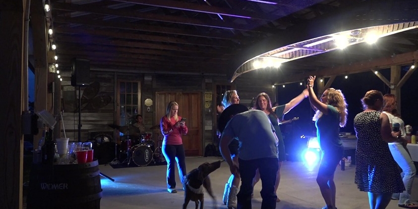 people dancing with dog at country wedding