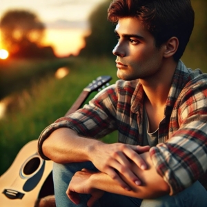 A serene, reflective scene of a male musician sitting outdoors with a guitar resting beside him. He gazes thoughtfully into the distance, in a calm manner.