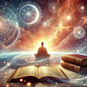 A serene and mystical depiction of a person accessing the Akashic Records, featuring ethereal light, ancient books floating in space, etc.