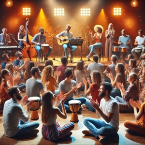 A lively interactive concert scene with musicians performing on stage and an engaged audience participating with clapping, dancing, and playing hand-drums.