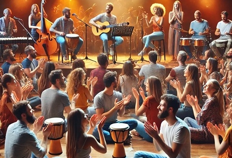 A lively interactive concert scene with musicians performing on stage and an engaged audience participating with clapping, dancing, and playing hand-drums.