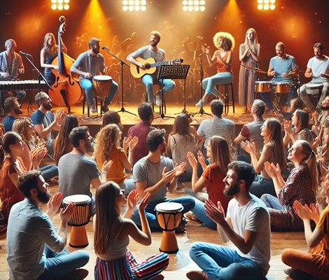 A lively interactive concert scene with musicians performing on stage and an engaged audience participating with clapping, dancing, and playing hand-drums.