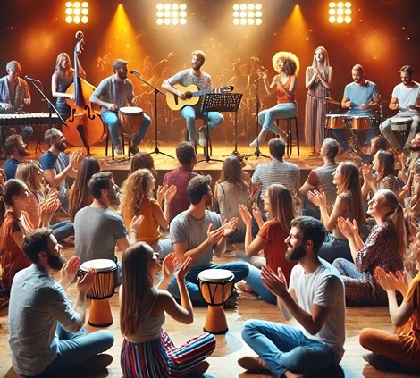 A lively interactive concert scene with musicians performing on stage and an engaged audience participating with clapping, dancing, and playing hand-drums.