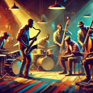 A vibrant and dynamic scene of a jazz jam session with musicians of various skill levels playing together in a dimly lit club.