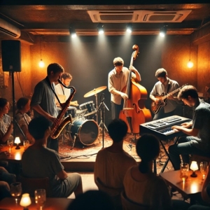 A cozy and intimate jazz club scene with a small ensemble performing live on stage. The setting includes a warm ambiance, dim lighting, and an engaged audience.