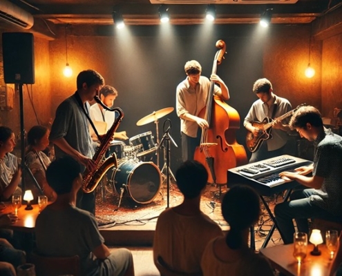 A cozy and intimate jazz club scene with a small ensemble performing live on stage. The setting includes a warm ambiance, dim lighting, and an engaged audience.