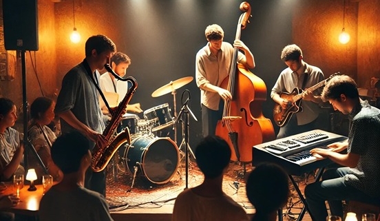 A cozy and intimate jazz club scene with a small ensemble performing live on stage. The setting includes a warm ambiance, dim lighting, and an engaged audience.
