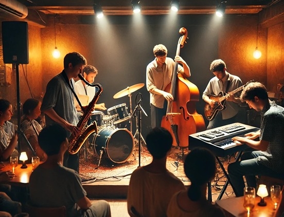 A cozy and intimate jazz club scene with a small ensemble performing live on stage. The setting includes a warm ambiance, dim lighting, and an engaged audience.