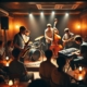 A cozy and intimate jazz club scene with a small ensemble performing live on stage. The setting includes a warm ambiance, dim lighting, and an engaged audience.