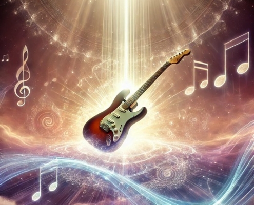 A glowing electric guitar floating in a divine, ethereal scene.