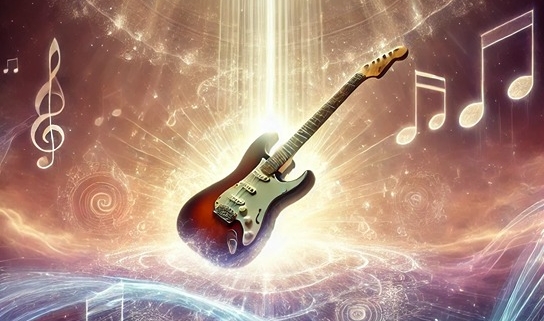 A glowing electric guitar floating in a divine, ethereal scene.
