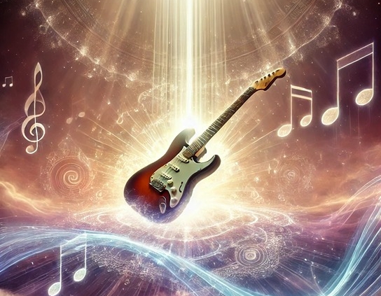 A glowing electric guitar floating in a divine, ethereal scene.