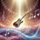 A glowing electric guitar floating in a divine, ethereal scene.