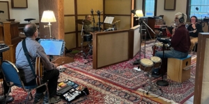 Sunset Salsa band in recording studio