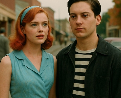 a drawing of the 2 main characters of the movie Pleasantville