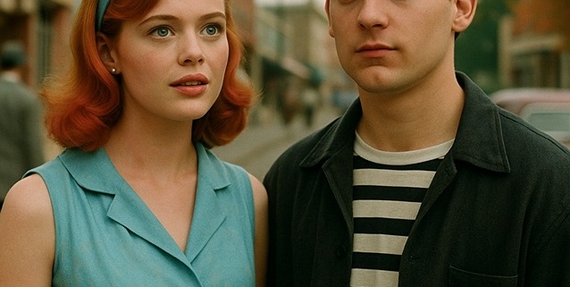 a drawing of the 2 main characters of the movie Pleasantville