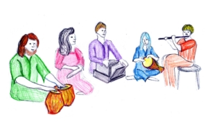 drawing of Damodar Das Kirtan band