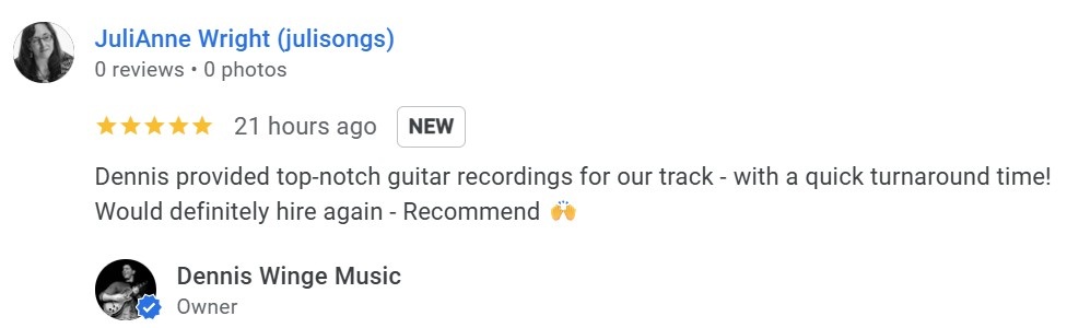 julianne review google review from JuliAnne, recording client