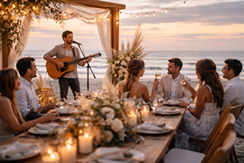 musician playing at micro wedding on the beach