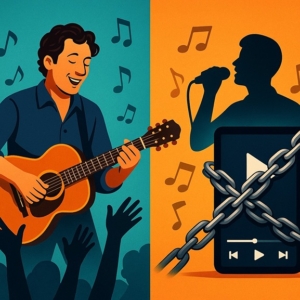 illustration showing how live musician playing is so much better than one singing to backing tracks