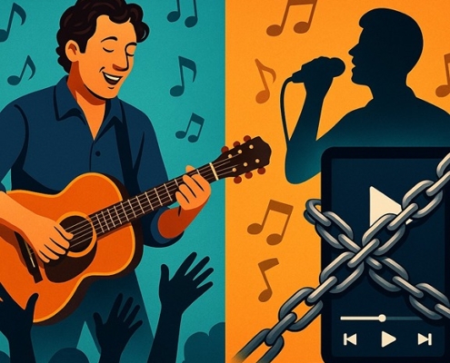 illustration showing how live musician playing is so much better than one singing to backing tracks