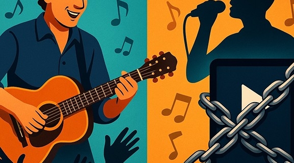 illustration showing how live musician playing is so much better than one singing to backing tracks