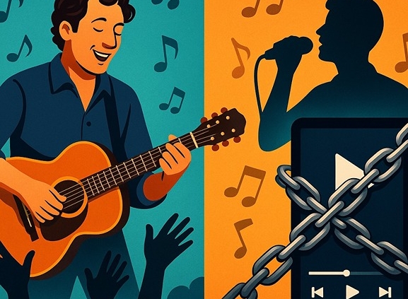 illustration showing how live musician playing is so much better than one singing to backing tracks