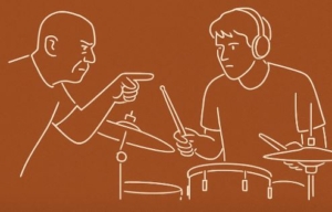 caricature of the movie Whiplash teacher and drum student